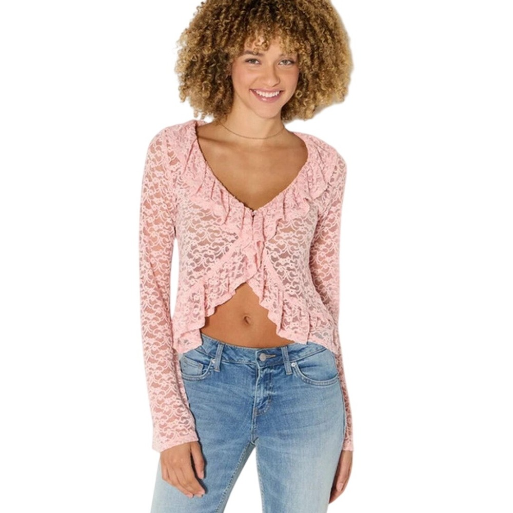 Wild Fable Women's Pink Ruffle Lace Sheer Flyaway Brushed Lace Top Size XL